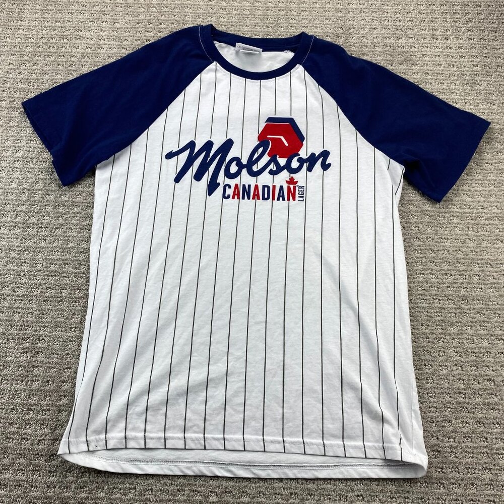 Molson Canadian Lager Shirt Men Medium M White Blue Pin Stripes Brew Brewski Tee